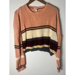 Clover + Scout Cropped Sweater Wm M Pink Striped Shaker Knit Pullover Artsy Y2K
